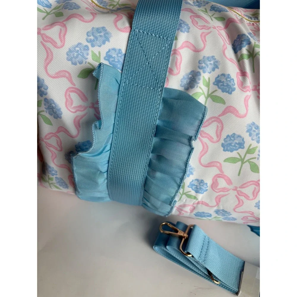 Blue Floral‎ Pink Bow Ruffle Duffel Bag Travel Carry On Weekender Gym Bag 18x10